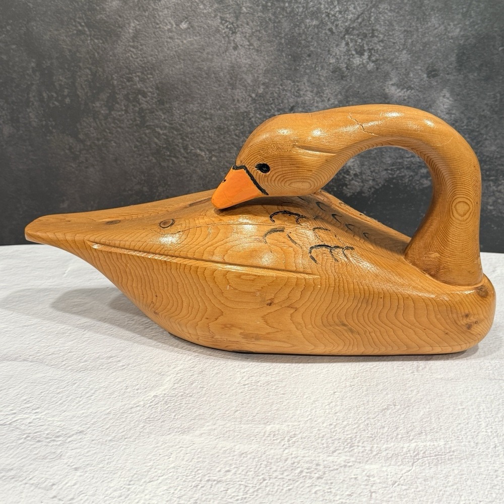 Vintage Hand Carved Wooden Swan Decoy Display Folk Art Cottagecore Cabincore